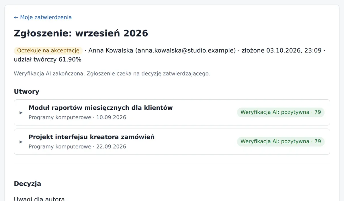 Zgłoszenie pracownika za wrzesień: dwa utwory z pozytywną weryfikacją AI, gotowe do zatwierdzenia